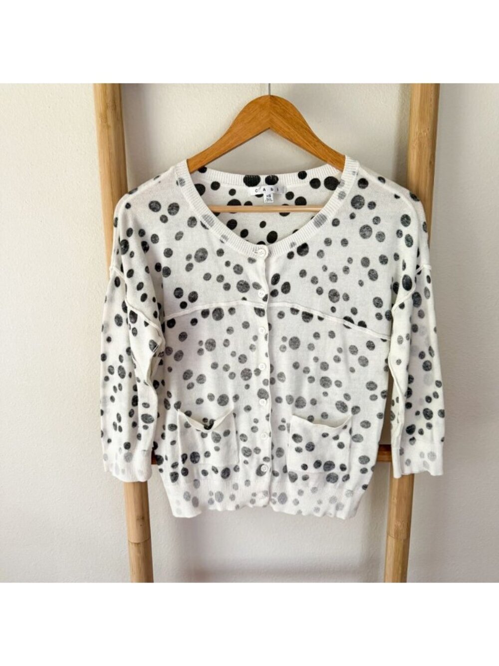 CAbi White Black Polka Dot Button Front Cardigan Sweater XS